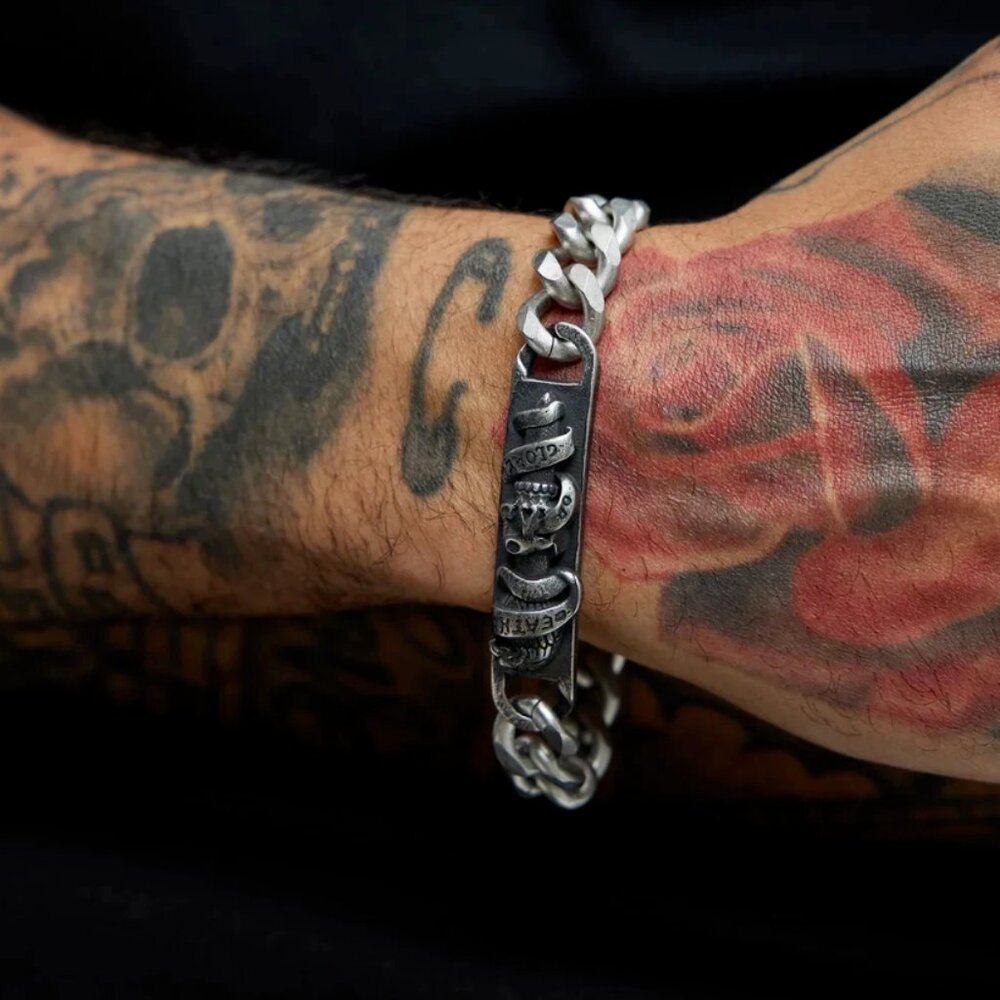 NEW Ed Hardy Death or Glory Silver Metal Bracelet Bold Men’s Statement Chain 8.5